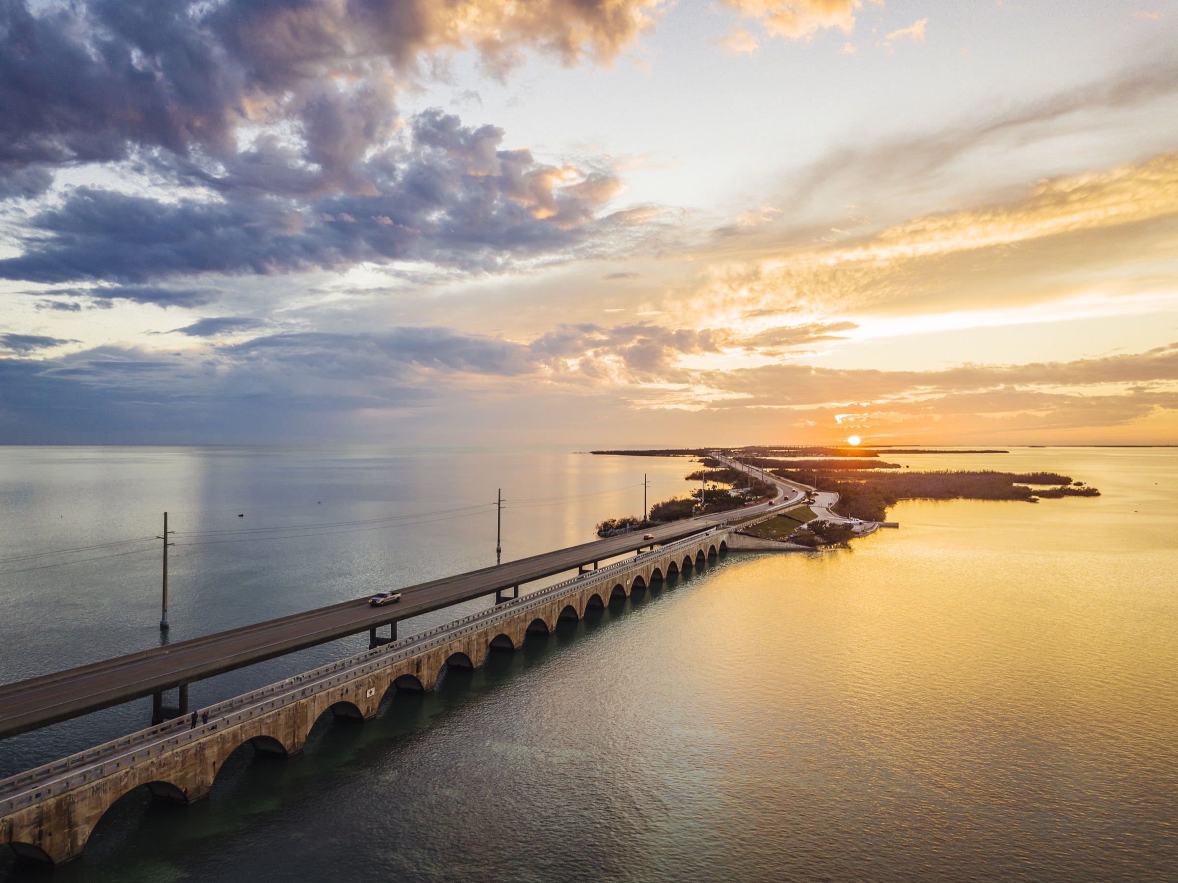 Aerial sunset view of the Old Seven Mile Bridge in the Florida Keys